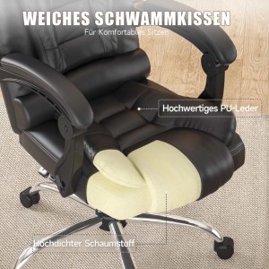 Schwarzer, ergonomischer Bürostuhl mit Liegefunktion, verstellbar, mit PU-Leder und hoher Rückenlehne.