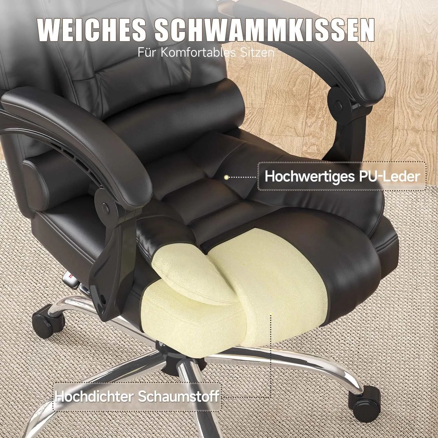 Schwarzer, ergonomischer Bürostuhl mit Liegefunktion, verstellbar, mit PU-Leder und hoher Rückenlehne.
