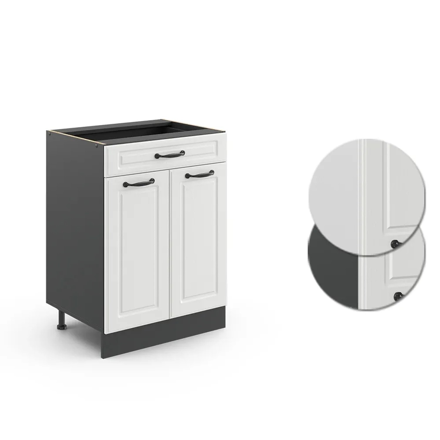 Küchenunterschrank R-Line, 80 cm, Weiß Landhaus/Anthrazit, mit Marmor Arbeitsplatte.