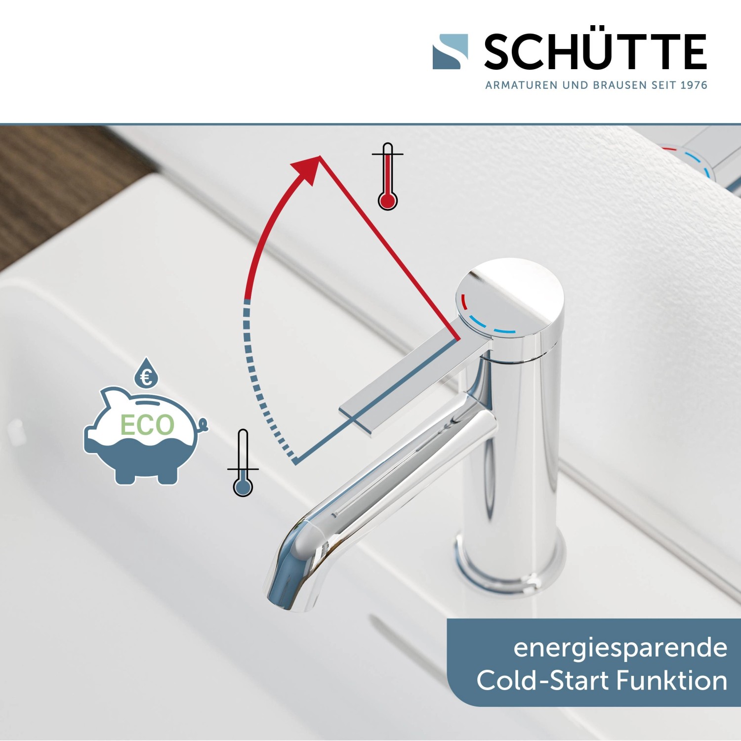 Schütte Waschtischarmatur Los Angeles Chrom mit Cold-Start Funktion auf Waschbecken.
