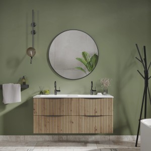 Modernes Badmöbel-Set Randal Sakai 120 cm in Eiche mit Waschbecken und gerillten Fronten.