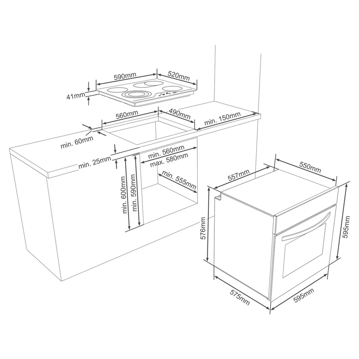 Skizze: Telefunken Einbauherd-Set ECH65A-B2 mit Maßen für Einbau, Backofen und Kochfeld.
