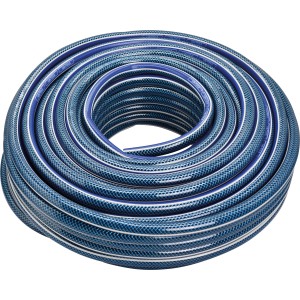 Aufgerollter, blauer LUX-TOOLS Gartenschlauch, 50 m lang, 13 mm Durchmesser.