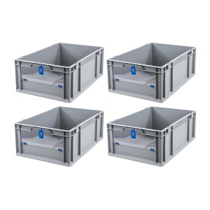 4er Set graue PROREGAL Euroboxen NextGen mit Deckel, 44 Liter, für Lagerung und Transport.