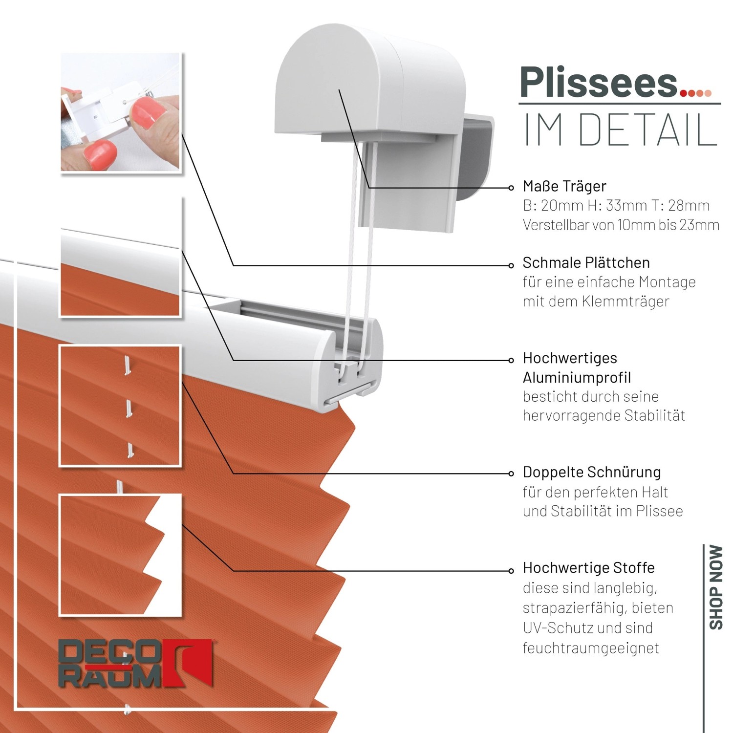 Detailansicht: Orangefarbenes Deco-Raum Plissee Basic 85x210cm mit Klemmfix-Montage.