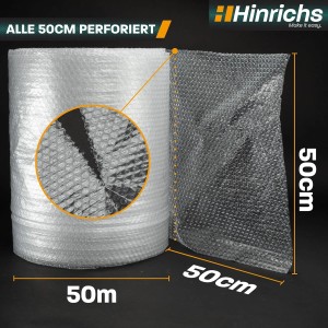 Rolle Hinrichs Luftpolsterfolie, 50m x 0,5m, perforiert, zum Schutz empfindlicher Gegenstände.