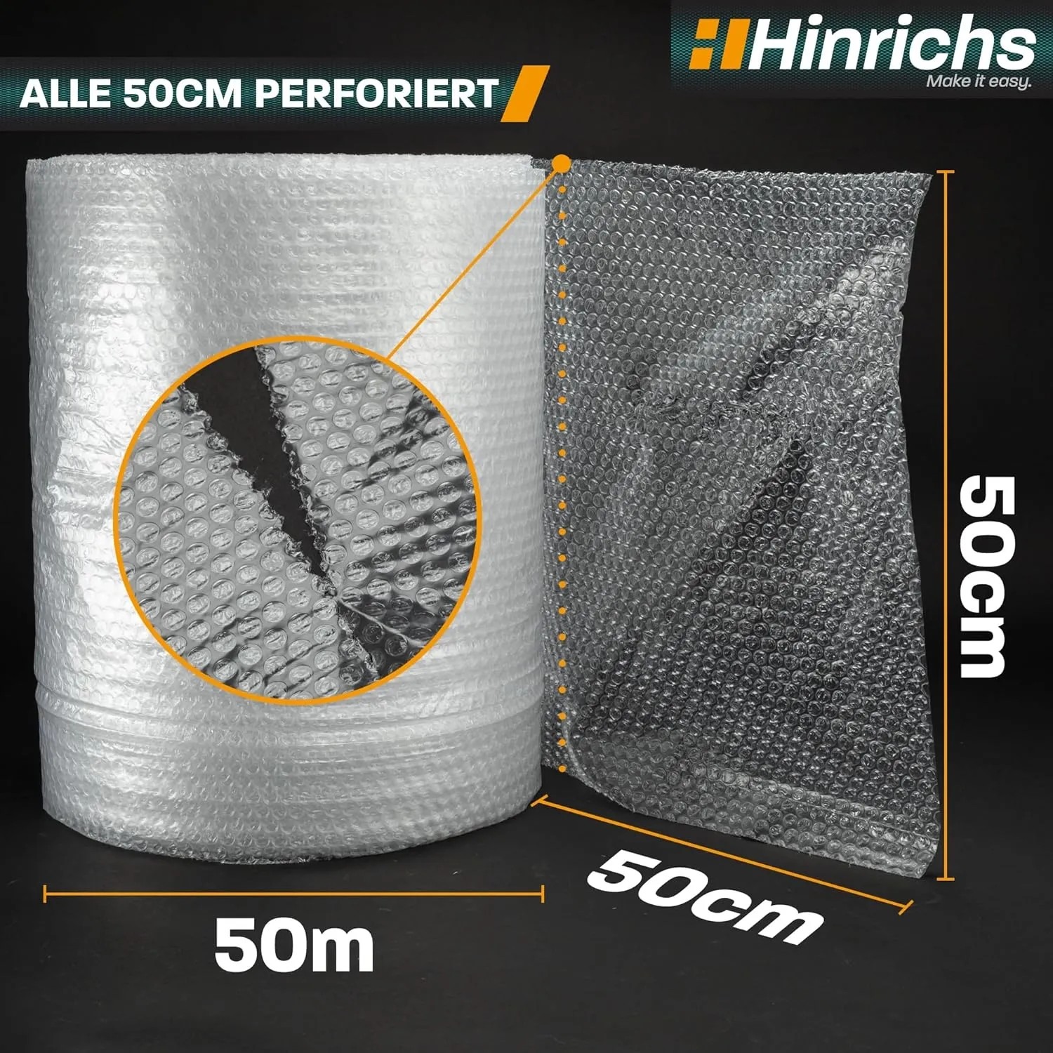 Rolle Hinrichs Luftpolsterfolie, 50m x 0,5m, perforiert, zum Schutz empfindlicher Gegenstände.