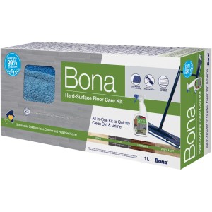 Bona Reinigungsset für Stein, Fliesen & Laminat: Mopp, Reiniger (1 l) und Mikrofaserpad im Karton.