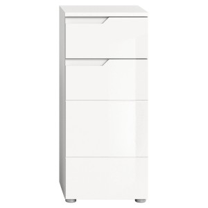 Weißer, hochglänzender Bad-Standschrank Solero (87x38x34cm) mit Schublade und Tür.