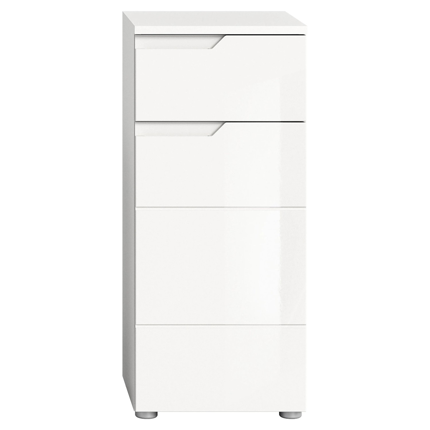 Weißer, hochglänzender Bad-Standschrank Solero (87x38x34cm) mit Schublade und Tür.