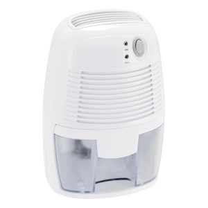 Weißer CMI Luftentfeuchter mit transparentem Wasserbehälter. Kompakter Raumentfeuchter.