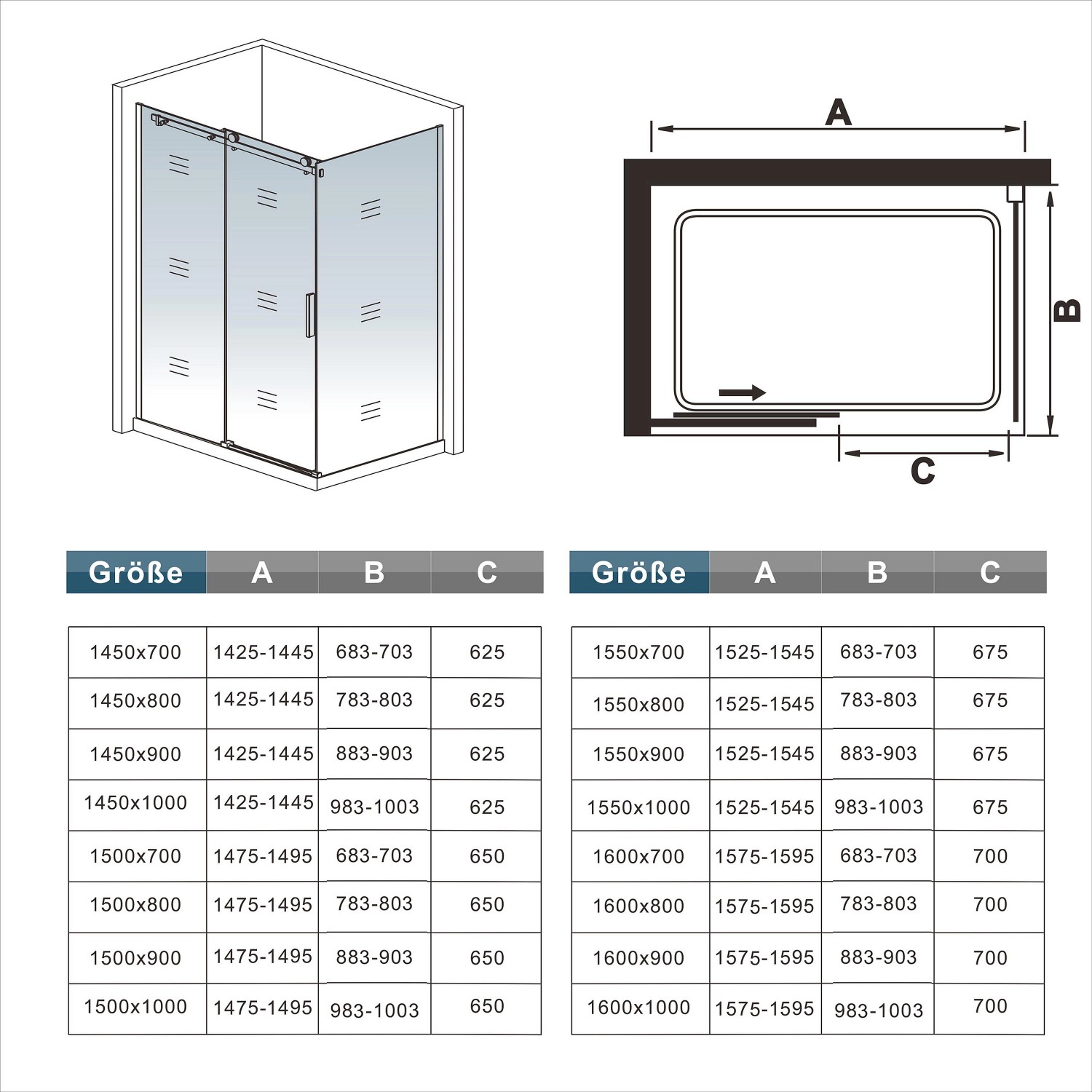 AICA Duschkabine 125x90cm mit Schiebetür, 8mm ESG Glas. Eckdusche für barrierefreies Duschen im Bad.