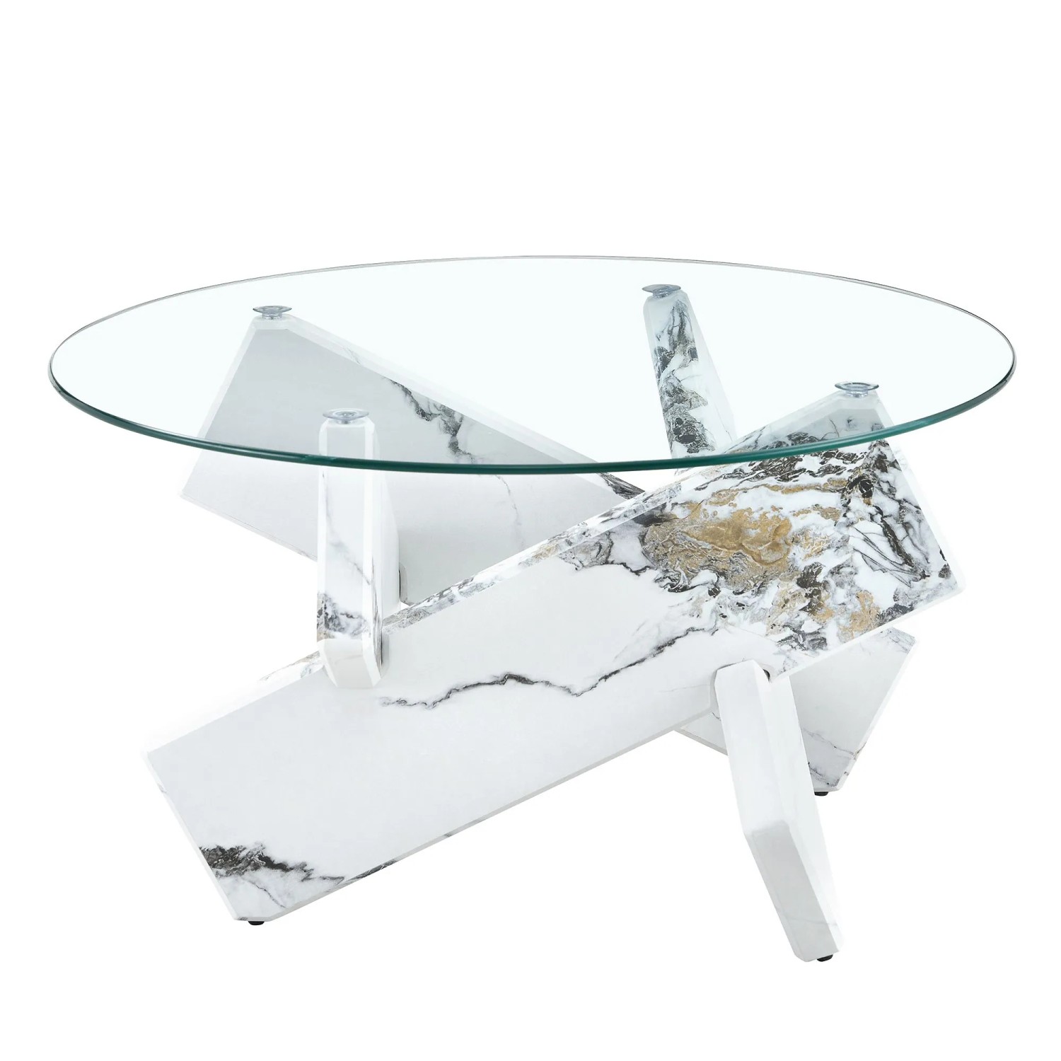 okwish Couchtisch mit Glasplatte und Kreuzgestell für Wohnzimmer 79x79x45 cm Weiß