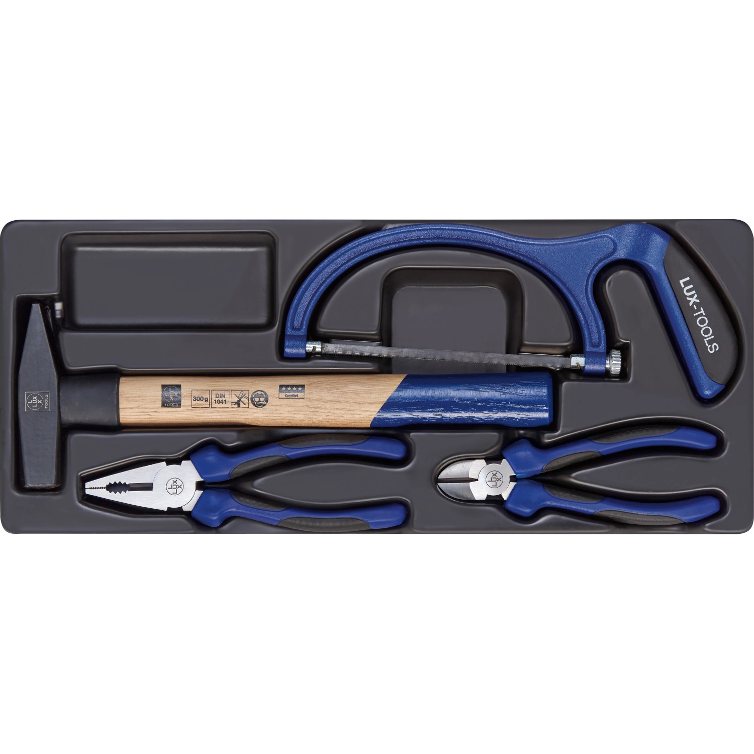 Werkzeugkoffer Comfort von LUX, 5-teiliges Set mit Hammer, Säge und Zangen im schwarzen Koffer.