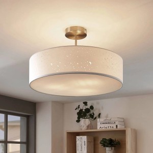 Moderne, weiße Lindby Deckenleuchte Umma mit Textilschirm und Sternenhimmel-Effekt für Wohnzimmer.