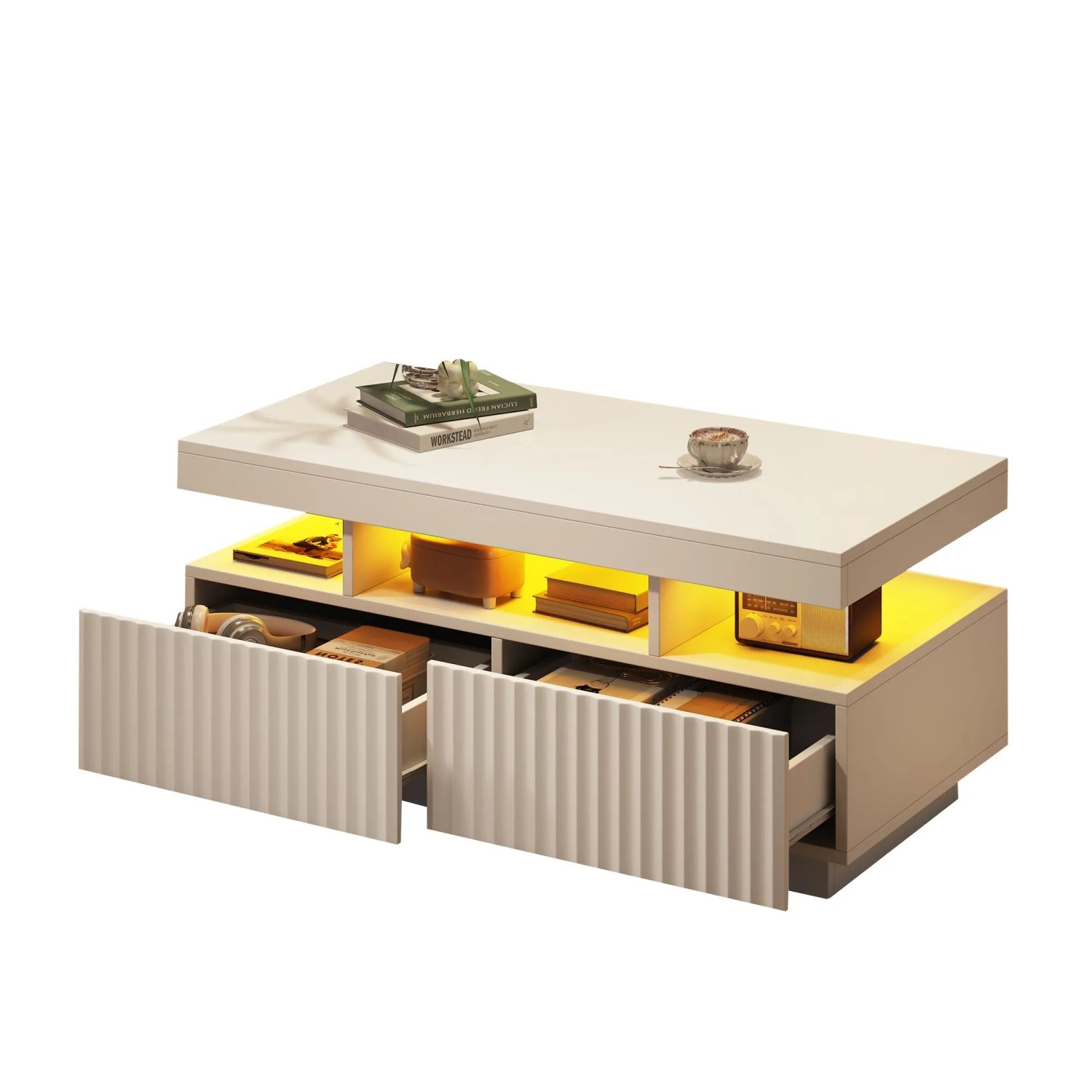 okwish Couchtisch mit LED Schubladen Streifen Design 100x50x45cm Hochglanz Weiß