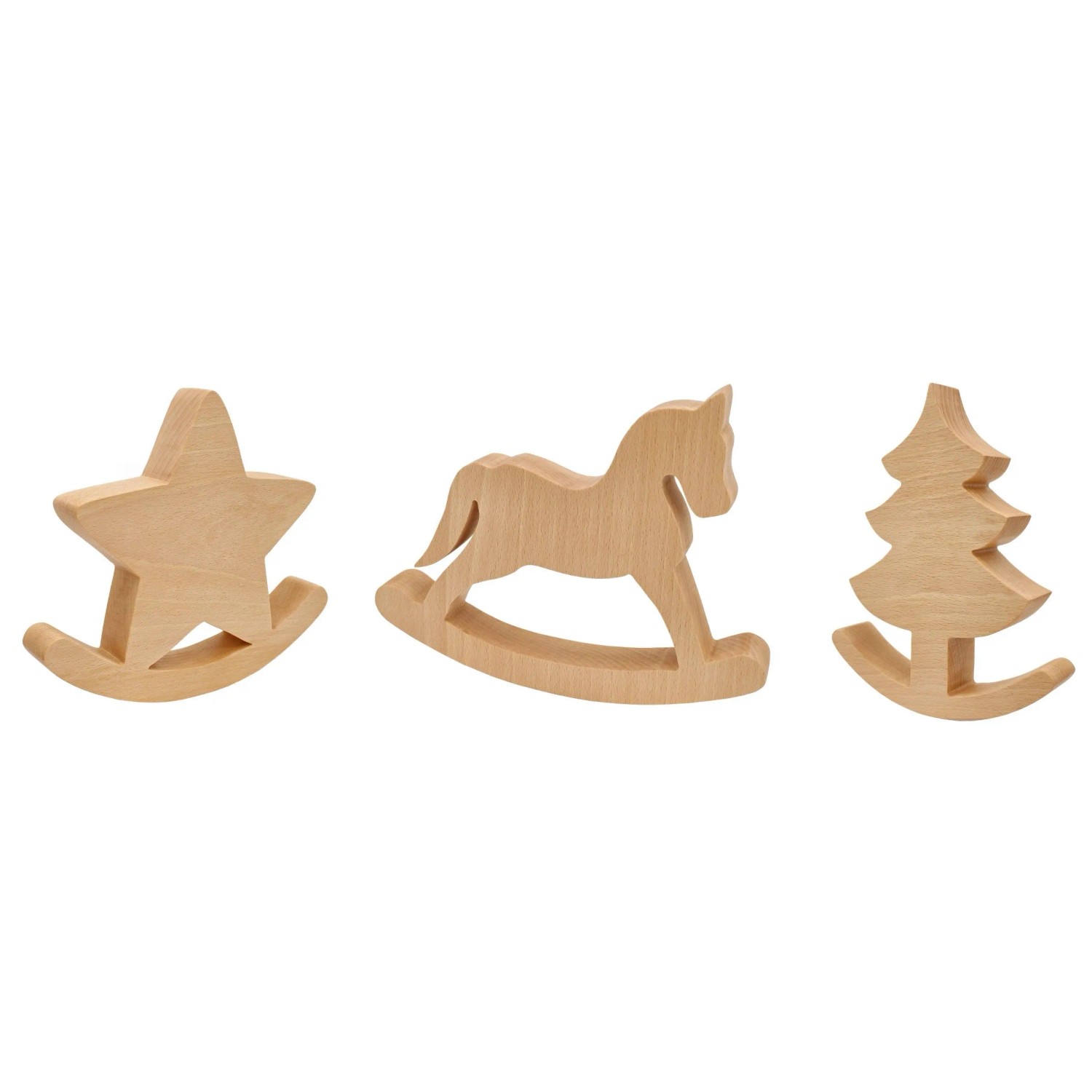 Erst-Holz Schaukel-Pferd Stern Baum oder 3er-Set Tischdeko Buche Geölt Design D