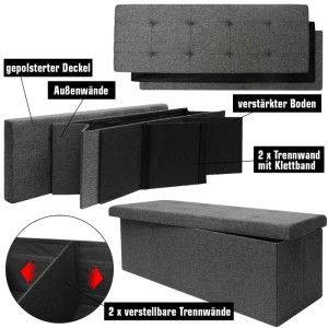 Dunkelgraue DuneDesign Sitzbank mit Truhe, 110x38x38cm, mit Trennwänden. Garderobenbank mit Stauraum.