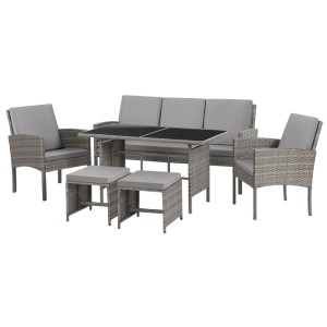 Graues Polyrattan Gartenmöbel Set mit Esstisch, 3er-Sitzbank, 2 Sesseln und 2 Hockern. Ideal für Lounge.