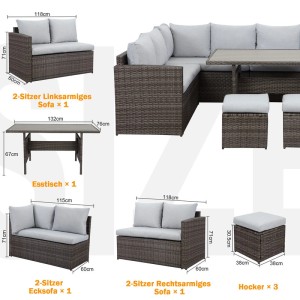 Graues MeXo XXL Gartenlounge Set aus Polyrattan mit Esstisch für 8 Personen.