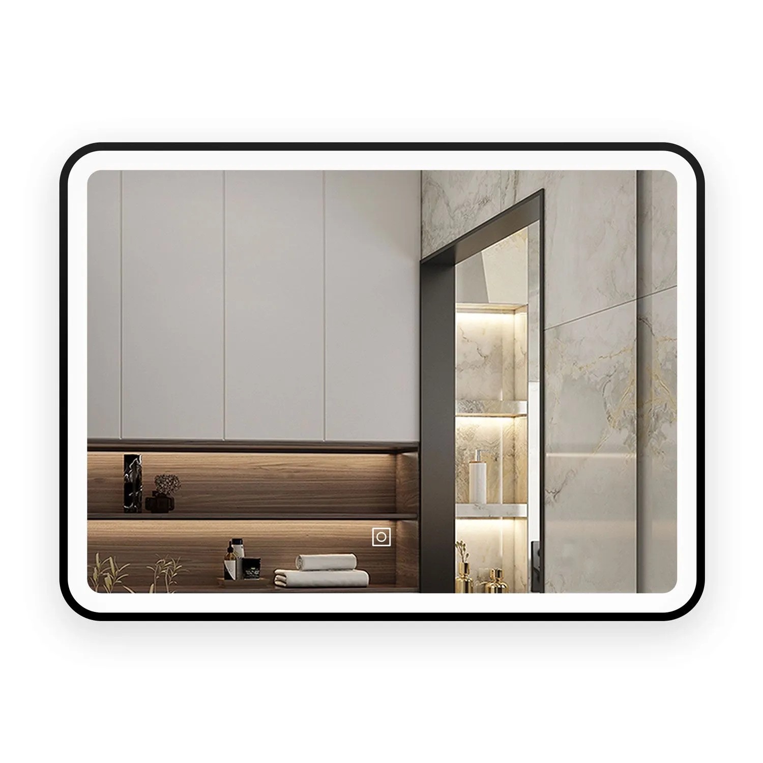 Aica Sanitär Badspiegel Schwarz 90x70 cm Spiegel mit LED Beleuchtung Neutral-Warm-Kaltweiß Dimmbar Memory Touch Wandschalter Beschlagfrei