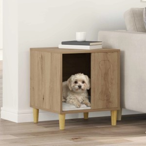 Moderne Hundehütte aus Holzwerkstoff in Kunsthandwerk Eiche mit kleinem Hund und Knochen-Dekor, für den Innenbereich.
