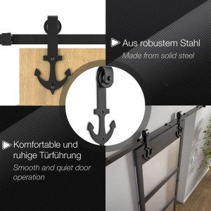 Schwarzes Stahl Rollen Set ANCORA für Schiebetüren, 70 mm, seitliche Montage, mit Anker-Design.