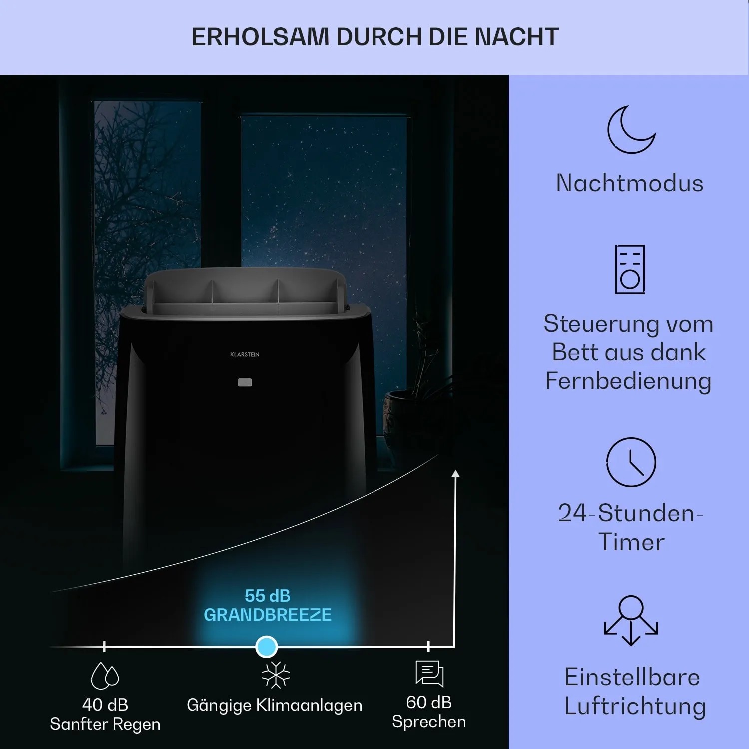 Schwarze Klarstein Grandbreeze Eco 12K Klimaanlage im Nachtmodus mit leisem Betrieb.