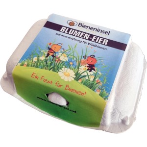 Bieneninsel Blumen-Eier, Sameneier für Wildbienen in Eierkarton mit Bienen-Motiv.