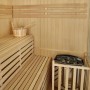 Innenansicht der Artsauna Espoo150 Premium Sauna mit Bänken, Ofen und Zubehör.
