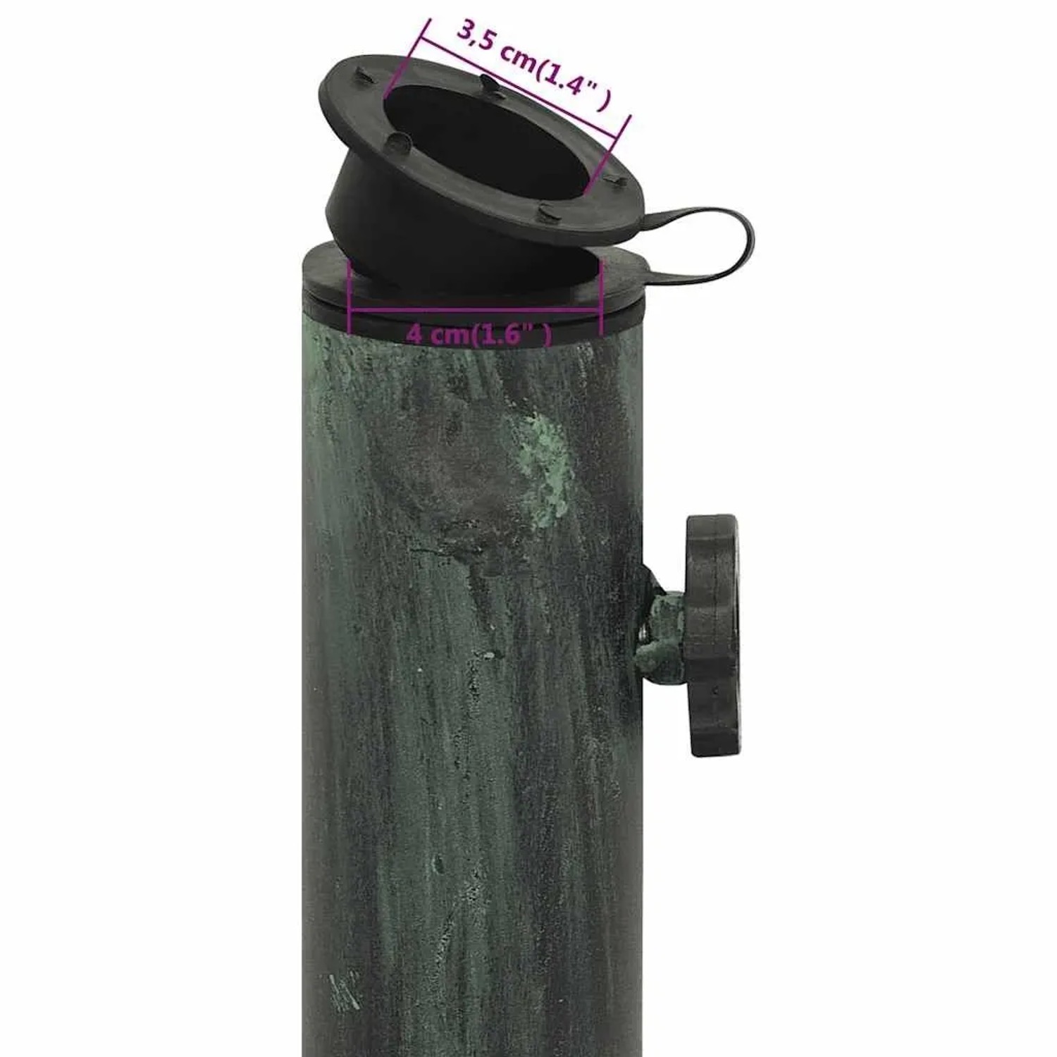 Grüner Gusseisen Sonnenschirmständer: Adapter für Schirmstange, Feststellschraube, 3,5/4 cm Durchmesser.