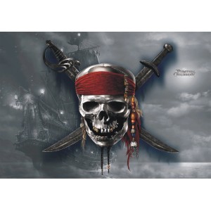 Disney Fototapete "Fluch der Karibik" mit Totenkopf, Schwertern und Piratenschiff, grau/rot, 160x110cm.