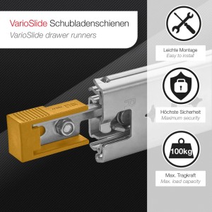 SOTECH Schwerlastauszug VarioSlide KV2-100-H53-L1000-EH 1000mm Zweihandverriegelung Einrastfunktion Gelber Hebel Schubladenschiene Belastbar Bis 100Kg