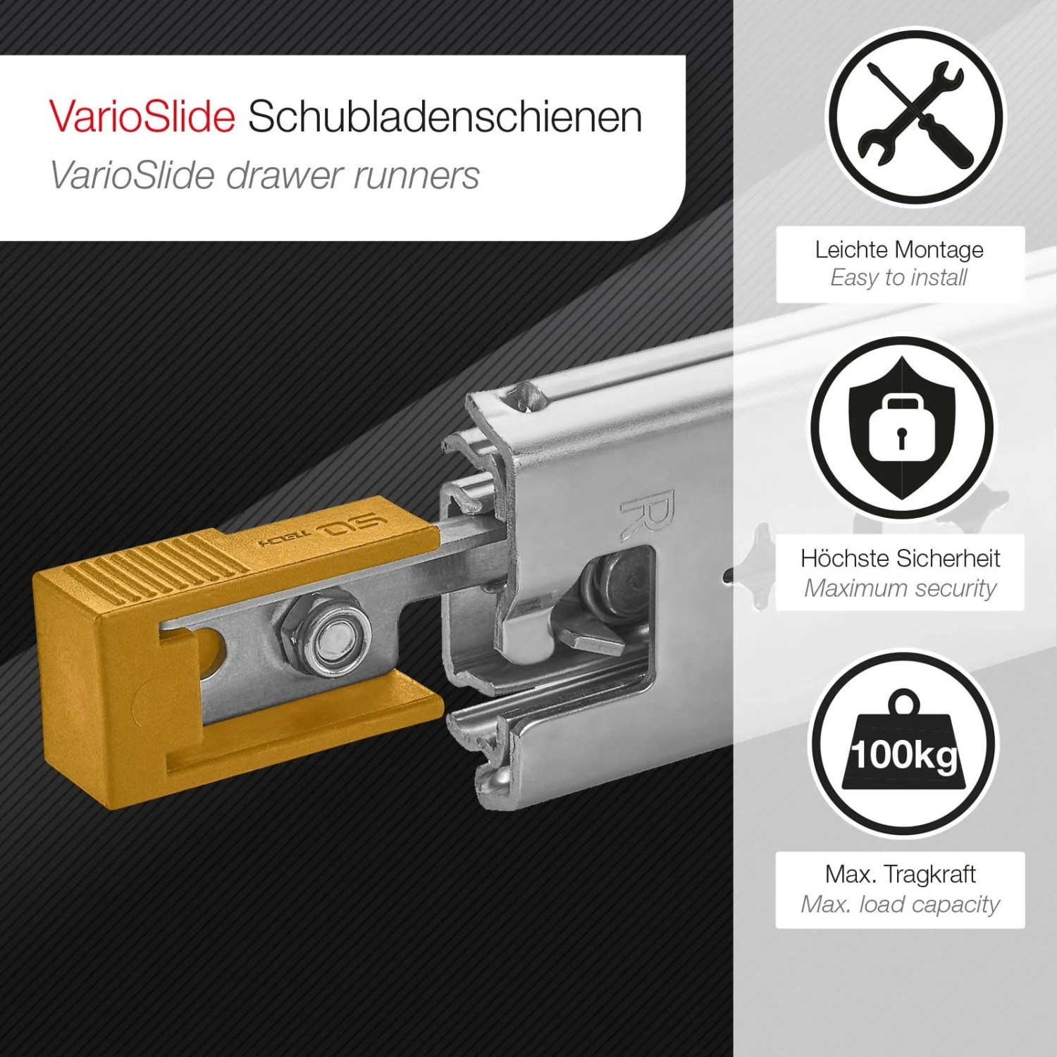 SOTECH Schwerlastauszug VarioSlide KV2-100-H53-L1000-EH 1000mm Zweihandverriegelung Einrastfunktion Gelber Hebel Schubladenschiene Belastbar Bis 100Kg_3