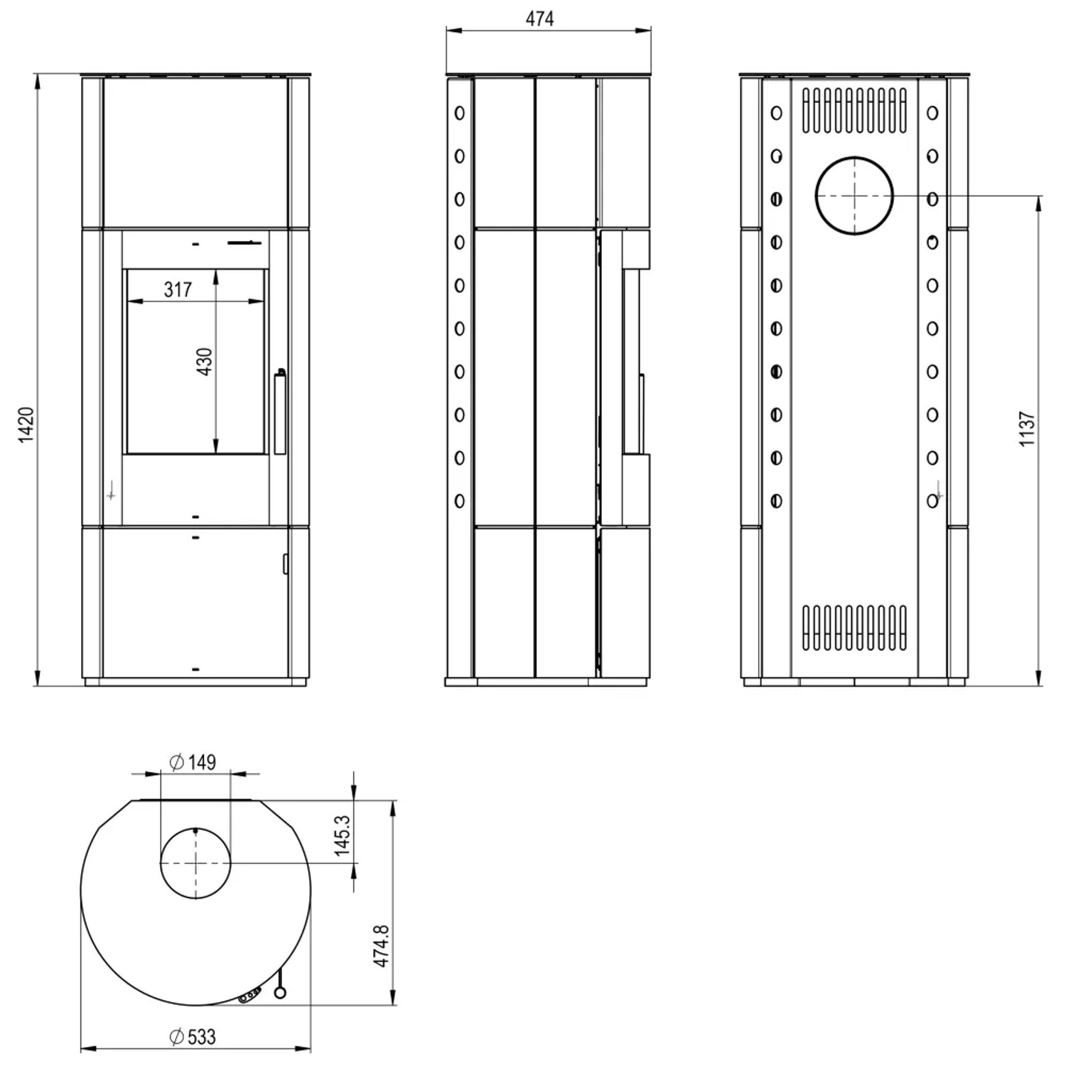 Technische Zeichnung Thermia Kaminofen München XL, Stahl schwarz, Automatik, Maße und Details.