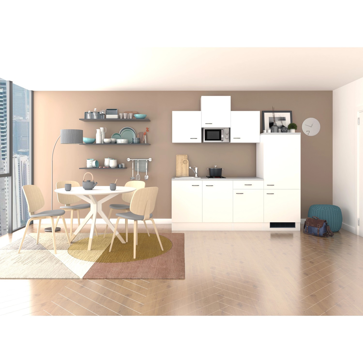 Weiße Flex-Well Küchenzeile "Wito" (210 cm) mit E-Geräten wie Kühlschrank und Mikrowelle.