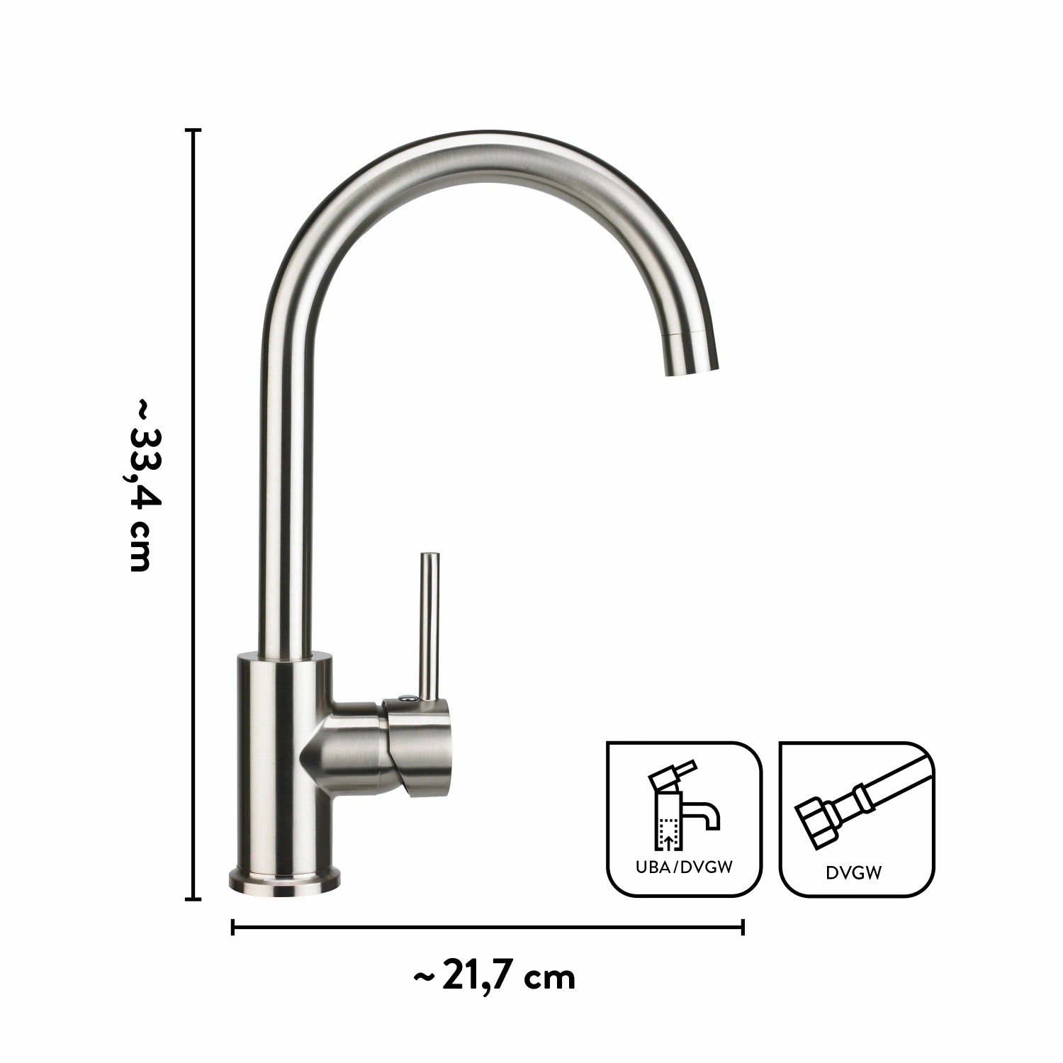 baliv Küchenarmatur KI-1832 aus Edelstahl mit hohem, gebogenem Auslauf und seitlichem Hebel.