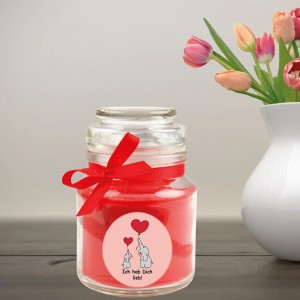 HS Candle Duftkerze Comic Rose Rot im Glas mit roter Schleife und Elefanten Motiv.