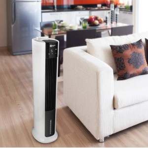 Weißer Balter Turmventilator VT-05 mit Luftbefeuchter im Wohnraum.