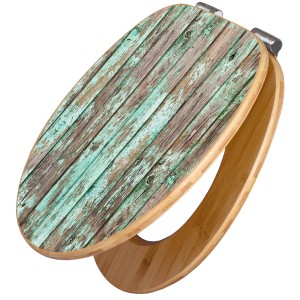 Banjado WC-Sitz aus Bambus mit Motiv Verwittertes Holz und Absenkautomatik.