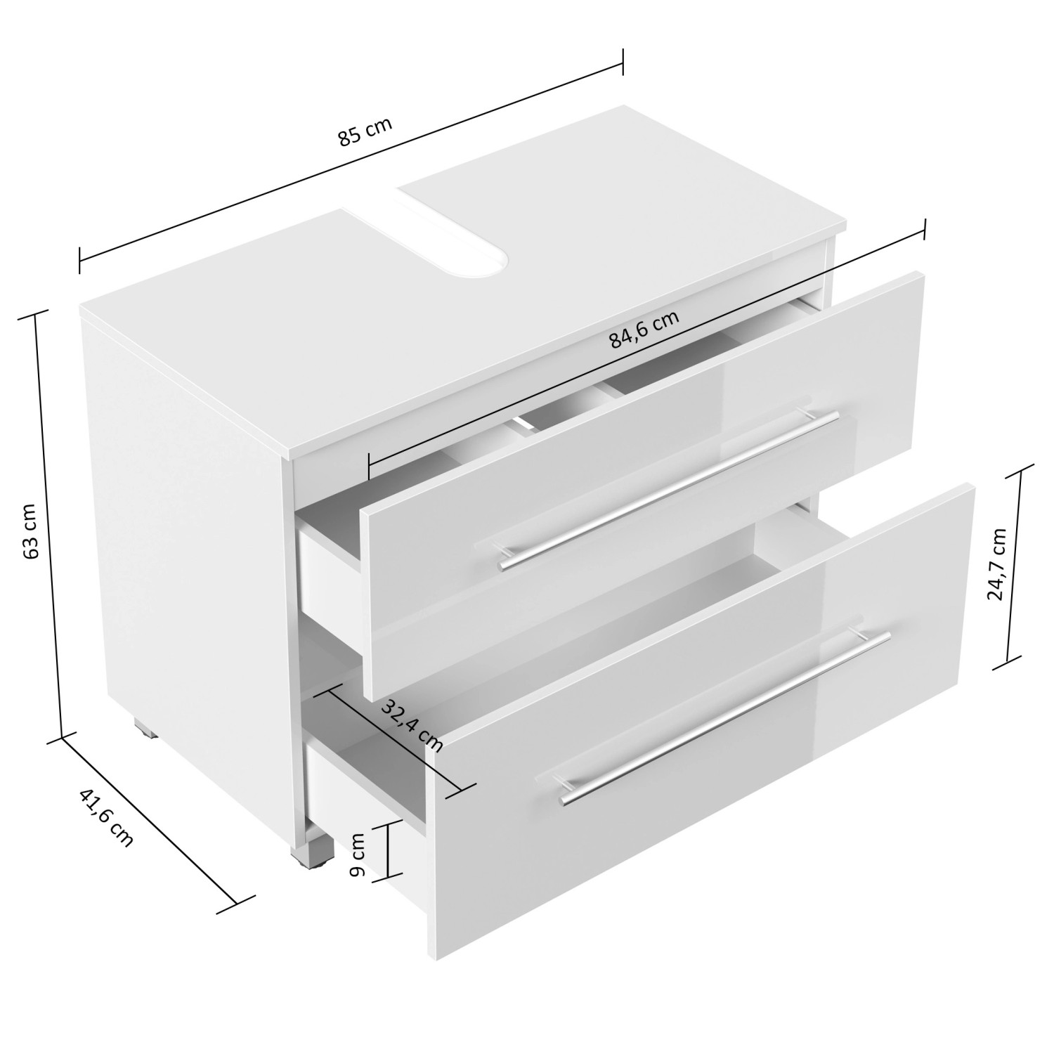 Posseik Mondial Waschbeckenunterschrank, 85 cm, weiß hochglanz mit zwei offenen Schubladen.