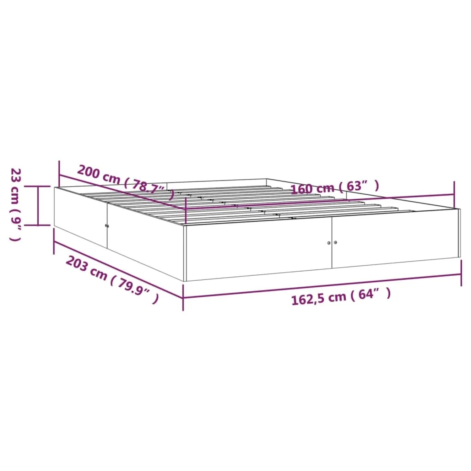 vidaXL Massivholzbett, 160x200 cm, Kiefernholz, Bettgestell mit Lattenrost, Abmessungen