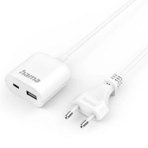 Weißes Hama USB-Netzteil mit USB-A und USB-C Anschluss und 1,9m Kabel.