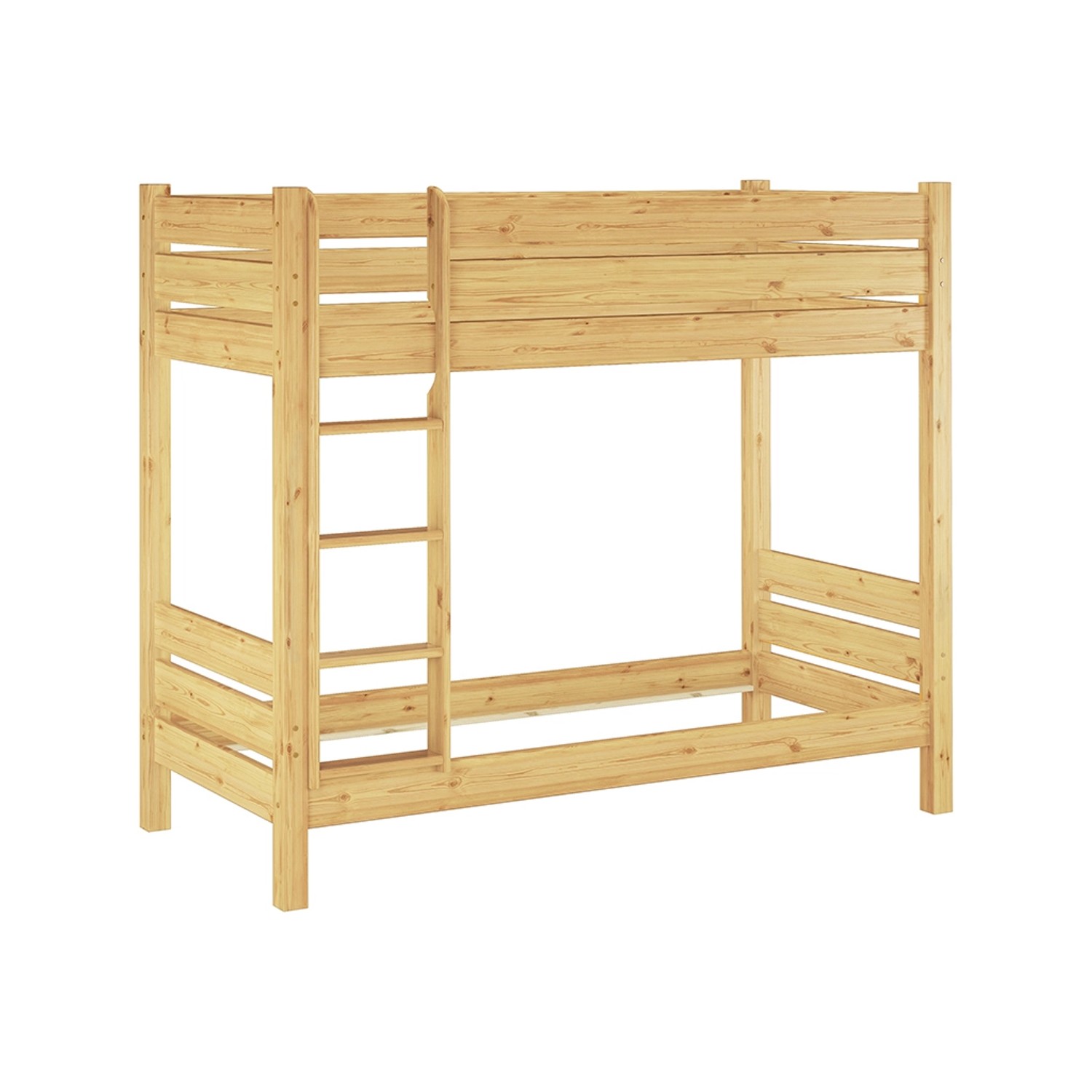 Breites Etagenbett aus Kiefer Massivholz mit Leiter und Bettkasten. Teilbar in zwei Einzelbetten.