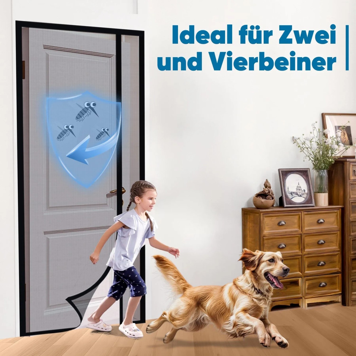 Sekey Magnet Fliegengitter Tür mit Kind und Hund, 110x220cm, Fenster-Zubehör.