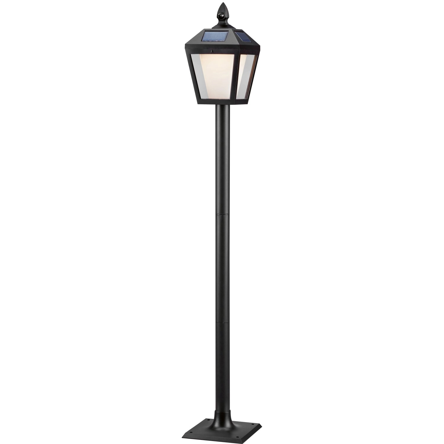 Schwarze Solar-LED-Außenleuchte 4in1 im Laternen-Design als Stehlampe.