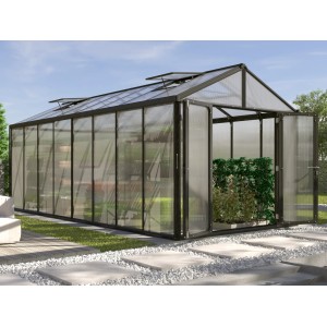 Vitavia Gewächshaus Zeus Comfort 15700, schwarzer Rahmen, Doppeltür, 15,7 m² Fläche.
