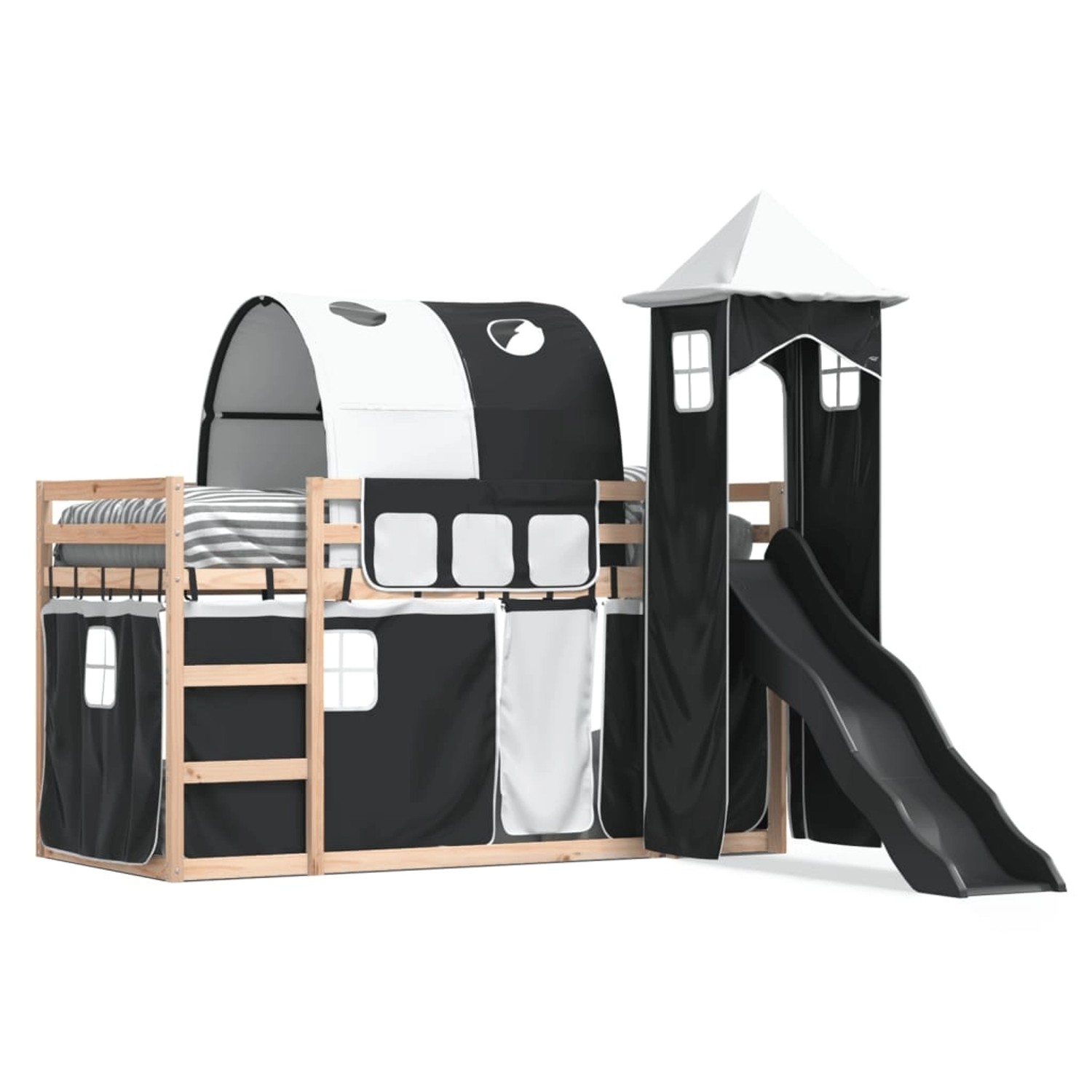 vidaXL Etagenbett mit Rutsche und Gardinen Weiß und Schwarz 90x190 cm 32841 günstig online kaufen
