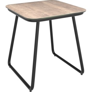 Lounge-Tisch des Fullerton Sets: Quadratisch, Holzoptik, anthrazitfarbenes Stahlgestell.