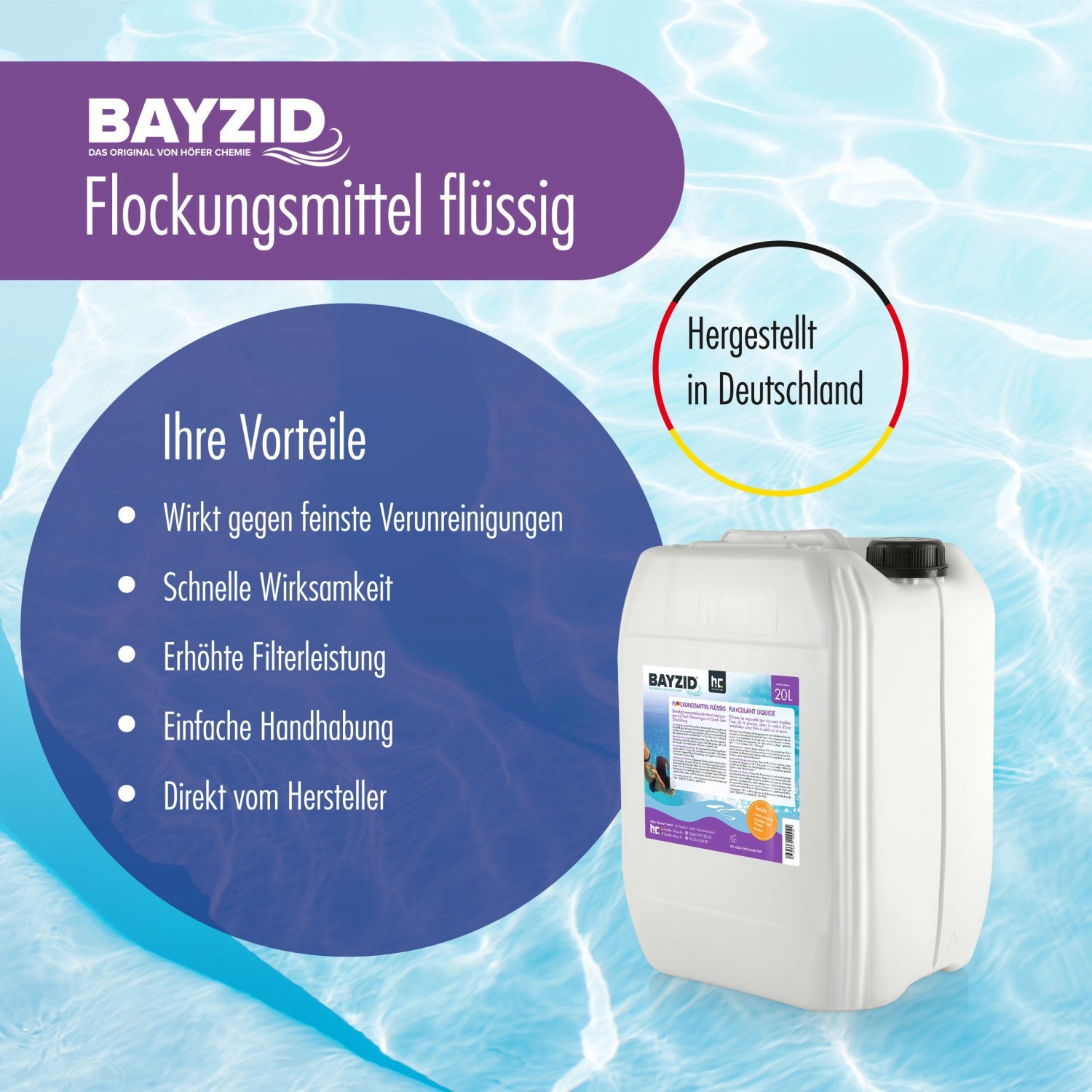 Bayzid Flockungsmittel flüssig, 4 x 10l Kanister für Pools. Effektive Trübungsbekämpfung für klares Wasser.